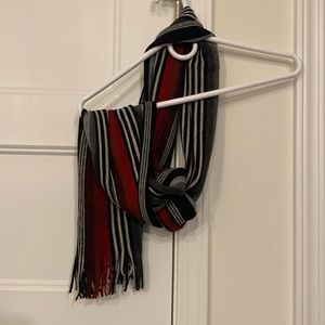 Red black and gray striped knit scarf